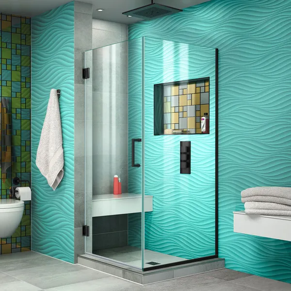 Unidoor Plus 30 3/8"Wx30" D Frameless Hinged Shower Enclosure, Satin Black