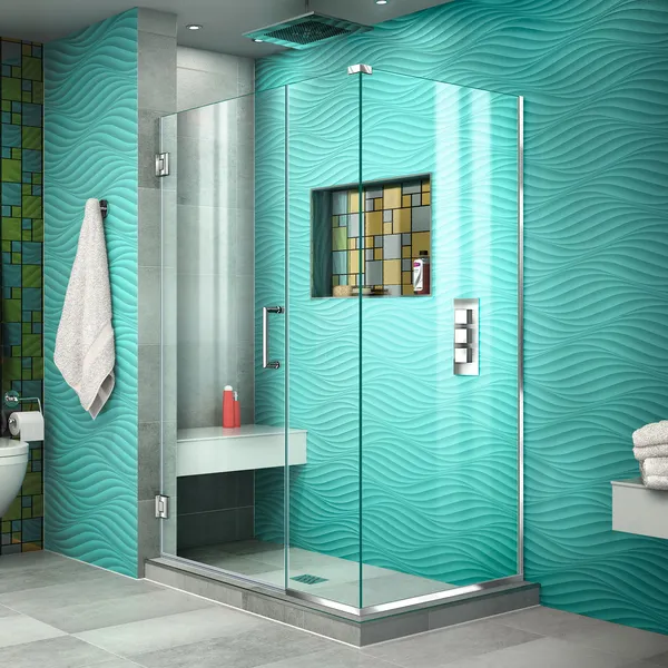 Unidoor Plus 44"Wx34 3/8" Dx72"H Frameless Hinged Shower Enclosure, Chrome