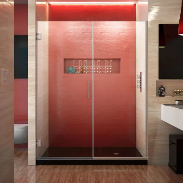 Unidoor Plus 55 1/2 - 56"Wx72"H Frameless Hinged Shower Door, Brushed Nickel