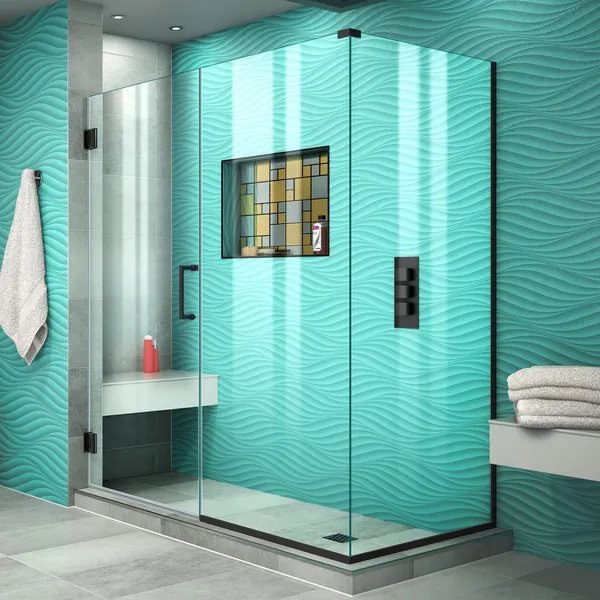 Unidoor Plus 55.5"Wx34 3/8" DFrameless Hinged Shower Enclosure, Satin Black