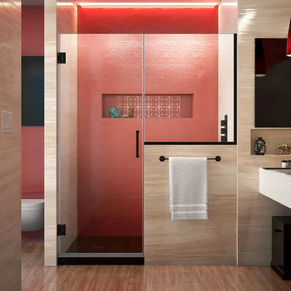 Unidoor Plus 57-57.5"W Frameless Hinged Shower Door, 34"Half Panel, Satin Black