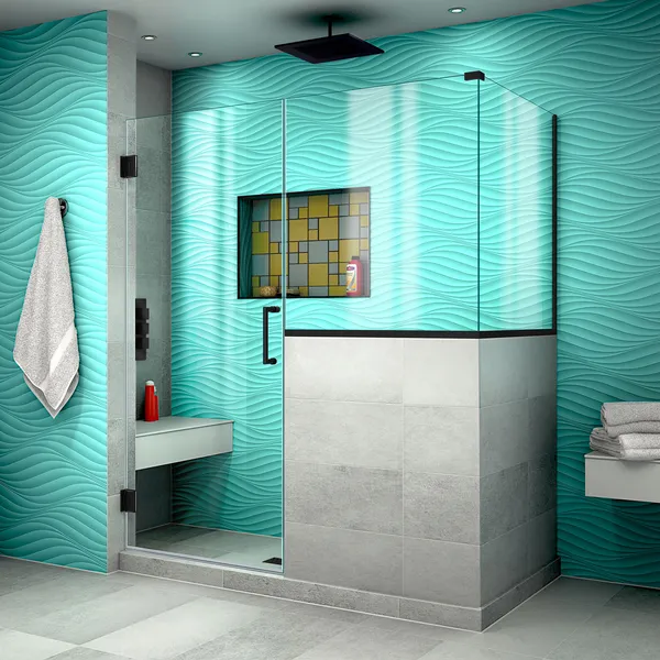 Unidoor Plus 59"Wx36 3/8" D Frameless Hinged Shower Enclosure, Satin Black