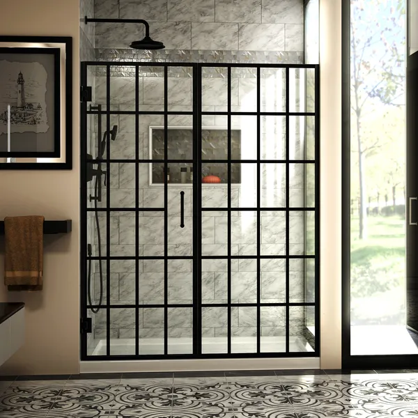 Unidoor Toulon 58-58 1/2"Wx72"H Frameless Hinged Shower Door, Satin Black