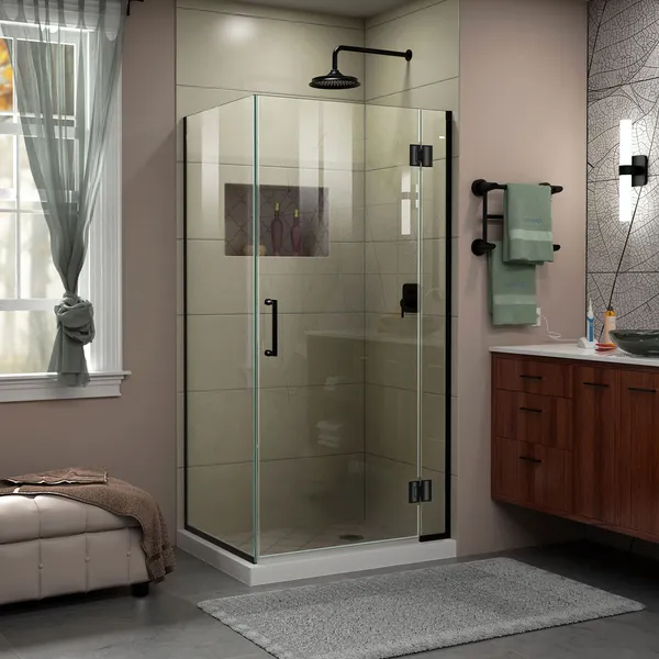 Unidoor-X 33 3/8"Wx34" D Frameless Hinged Shower Enclosure, Satin Black