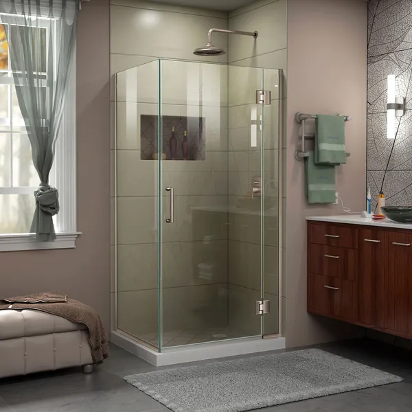 Unidoor-X 36 3/8"Wx30" D Frameless Hinged Shower Enclosure, Brushed Nickel