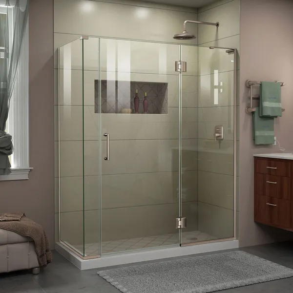 Unidoor-X 58"Wx30 3/8" D Frameless Hinged Shower Enclosure, Brushed Nickel