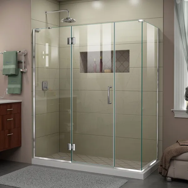 Unidoor-X 64 "Wx30 3/8" Dx72"H Frameless Hinged Shower Enclosure, Chrome