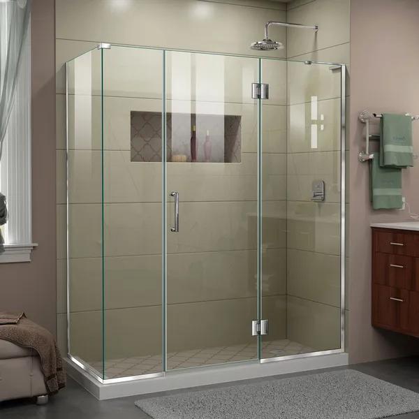 Unidoor-X 64 "Wx34 3/8" Dx72"H Frameless Hinged Shower Enclosure, Chrome