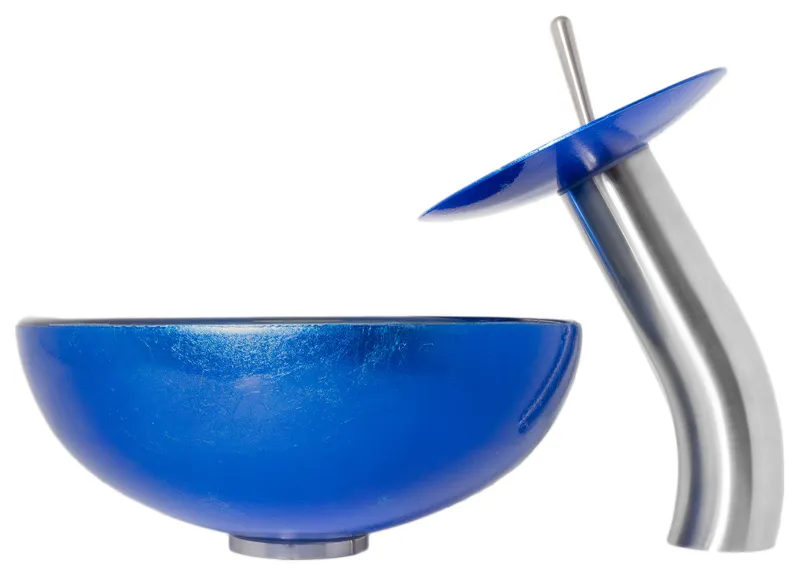 Verdazzurro Mini 12" Blue Foiled Glass Vessel Sink Combo with Faucet and Drain, Brushed Nickel