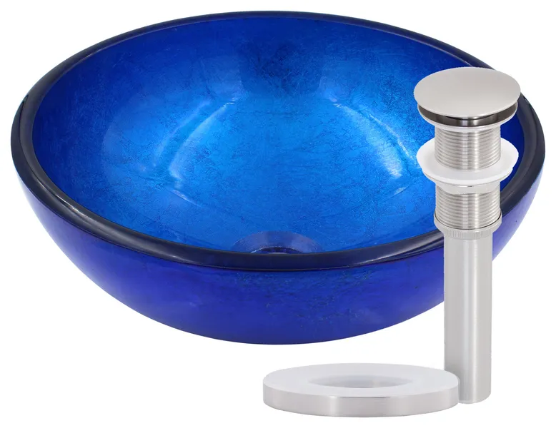 Verdazzurro Mini 12" Blue Foiled Round Tempered Glass Vessel Bath Sink & Drain, Brushed Nickel