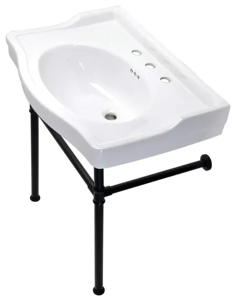 Victorian Bathroom Sink With Ceramic Basin and Stainless Steel Legs, Matte Black