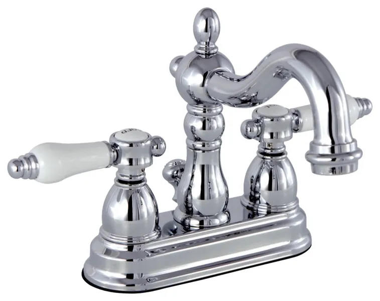 Victorian-Style Centerset Faucet with Brass Pop-Up and White Porcelain Handles, Chrome/White
