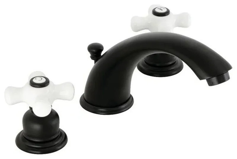 Victorian Widespread Bathroom Faucet with White Cross Handles & Drain, Black