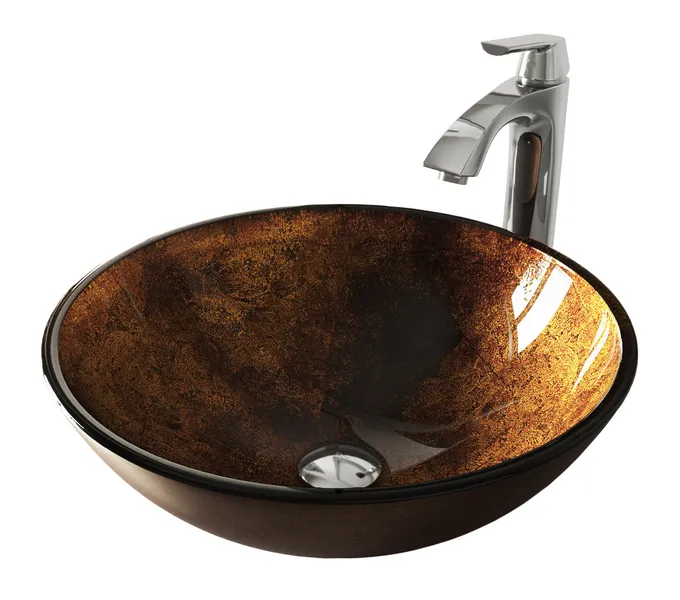 VIGO Brown and Gold Fusion Glass Vessel Sink and Faucet Set, Chrome