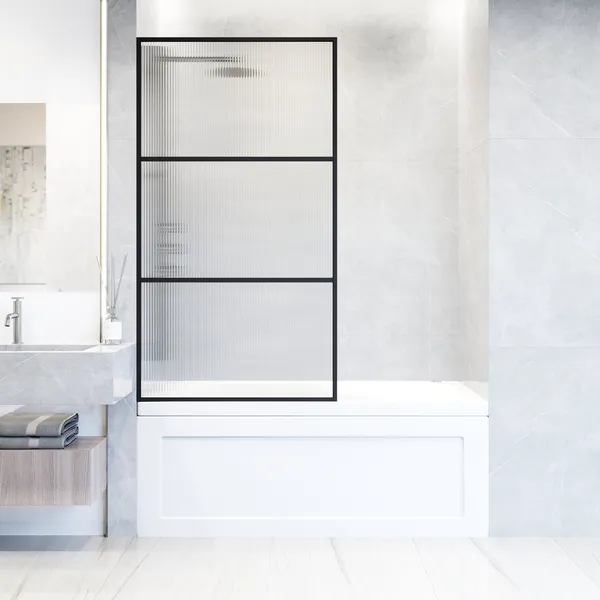 VIGO Divide 34" W x 62" H Framed Fixed Tub Screen in Matte Black, Fluted Glass