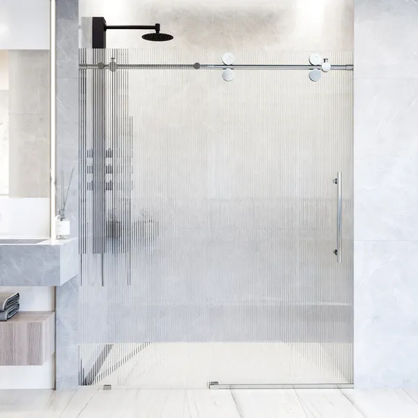 VIGO Elan 56" to 60" W x 74" H Frameless Sliding Shower Door, Chrome, Right, Fluted Glass