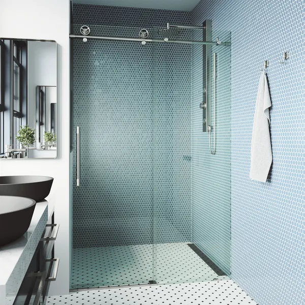 VIGO Elan Cass Aerodynamic 52" to 56" W x 76" H Frameless Sliding Shower Door, Stainless Steel, Clear Glass