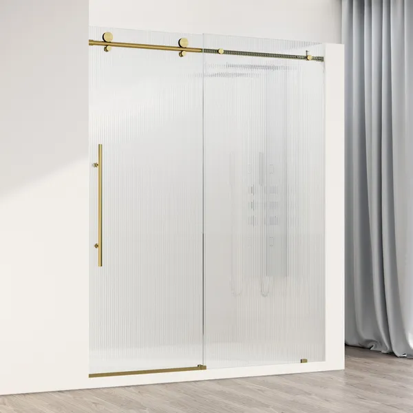 VIGO Elan E-Class 56" to 60" W x 76" H Frameless Sliding Shower Door, Matte Brushed Gold, Fluted Glass, Left