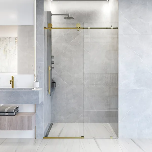 VIGO Elan Hart 56" to 60" W x 76" H Frameless Sliding Shower Door, Matte Brushed Gold, Clear Glass