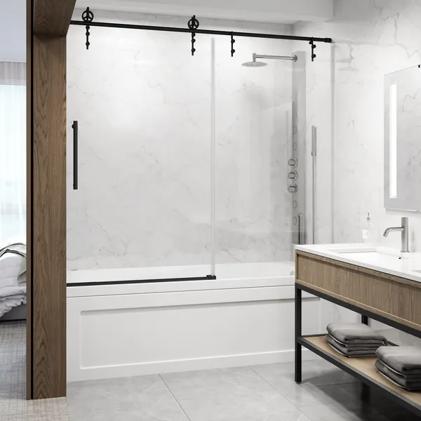 VIGO Hamilton Frameless Sliding, Matte Black, Tub Door, 56" to 60" W X 68" H, Clear Glass