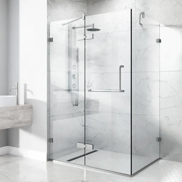 VIGO Monteray 30"D x 46"W x 73"H Frameless Hinged Shower Enclosure, Brushed Nickel, Without Base