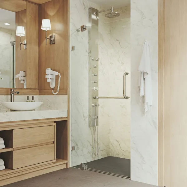 VIGO Pirouette 30" to 36" W x 72" H Frameless Pivot Shower Door, Brushed Nickel, Clear Glass