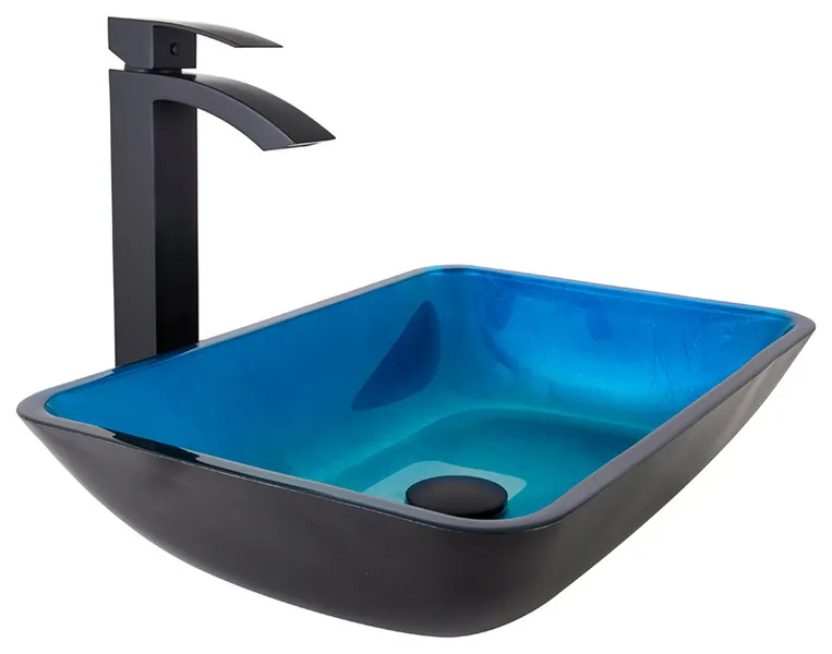 VIGO Turquoise Water Glass Vessel Sink and Duris Faucet Set, Matte Black