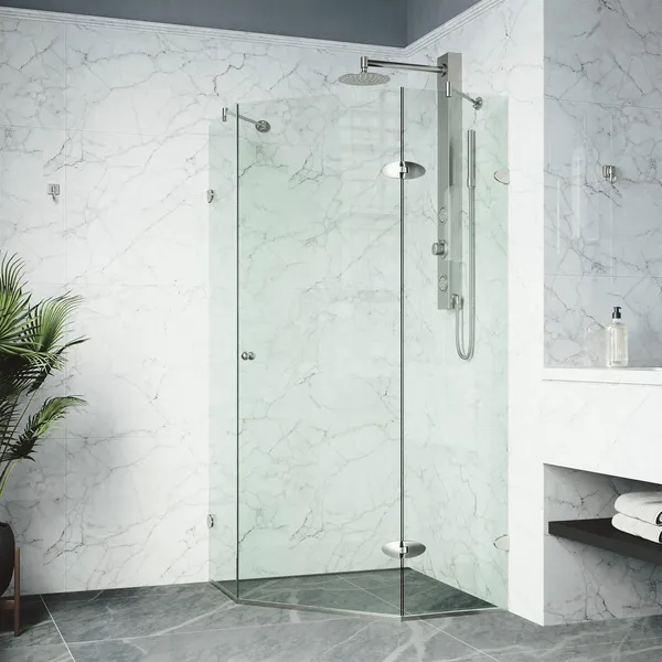 VIGO Verona Frameless Hinged Neo-Angle Shower Enclosure, Brushed Nickel, 40" D X 40" W, Without Base