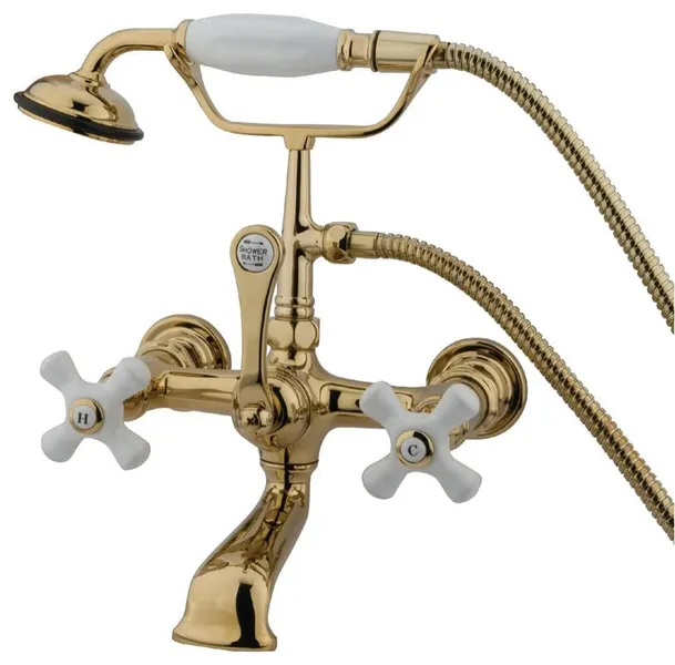 Vintage Clawfoot Bathtub Faucet, Crossed White Handles & Hand Shower, Polished Brass