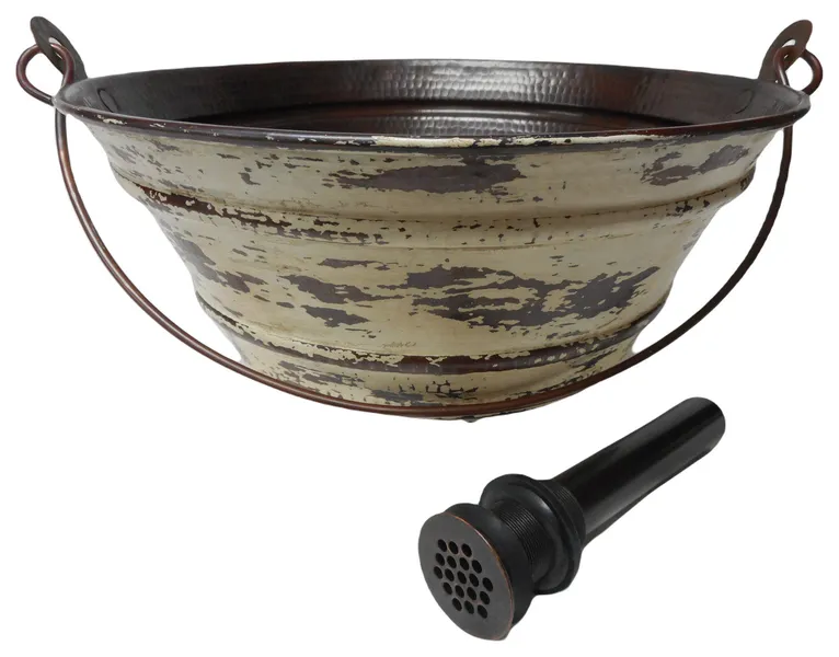 Vintage Hand Hammered Copper Bucket Vessel Sink with Antique White Exterior