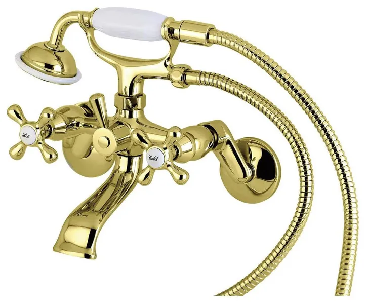 Vintage Wall Mount Bathtub Faucet with Crossed Handles and Hand Shower, Brass