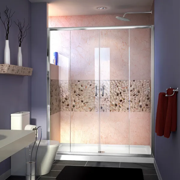 Visions 34"Dx60"W Sliding Shower Door, Chrome, Center Drain White Shower Base