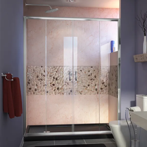 Visions 34"Dx60"W Sliding Shower Door, Chrome, Left Drain Black Shower Base