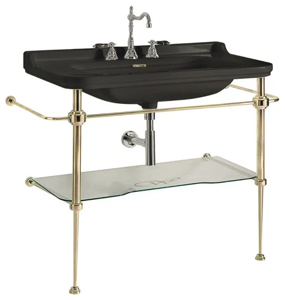 Waldorf 4141+9197 Sink and Console, Gloss Black/Polished Gold, 3 Faucet Hole