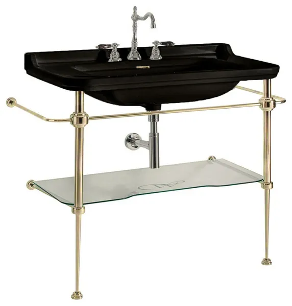 Waldorf 4142+9196 Sink and Console, Gloss Black/Polished Gold, 3 Faucet Hole