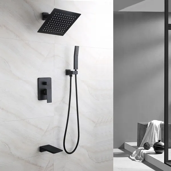 Wall Mount 10" Rainshower Hand Shower and Tub Spout Shower System, Matte Black