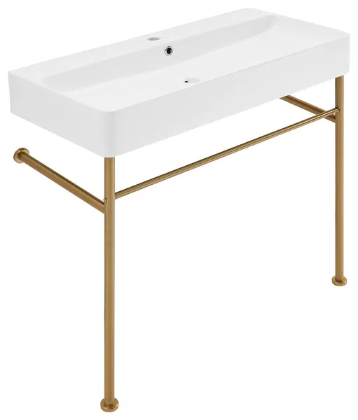 Wall Mount Bathroom Sink, Brushed Gold Metal Legs & Durable White Ceramic Basin