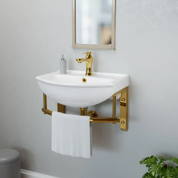 Wall Mount Bathroom Small Sink with Brass Towel Bar,Faucet & Drain