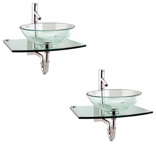 Wall Mount Vessel Sink Durable Tempered Glass Bathroom Sink Clear Set of 2