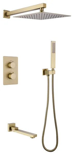 Wall Mounted 3-Function Thermostatic Shower System with Rough-In Valve, Brushed Gold