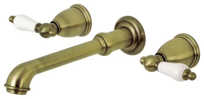 Wall Mounted Bathroom Faucet with White Porcelain ADA Lever Handles, Antique Brass