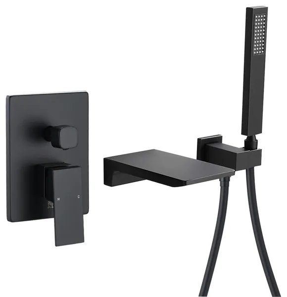 Wall-Mounted Bathtub Waterfall Spout Shower Set, Matte Black