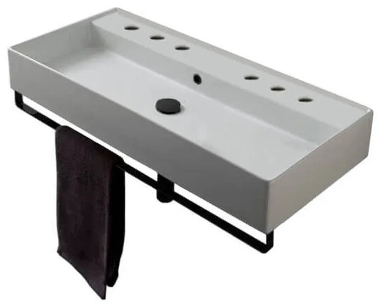 Wall Mounted Double Ceramic Sink With Matte Black Towel Bar, Six Hole