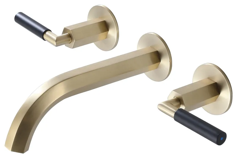 Wall Mounted Dual Handles Bathroom Sink Faucet, Brushed Gold