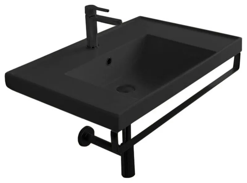 Wall Mounted Matte Black Ceramic Sink With Matte Black Towel Bar, One Hole