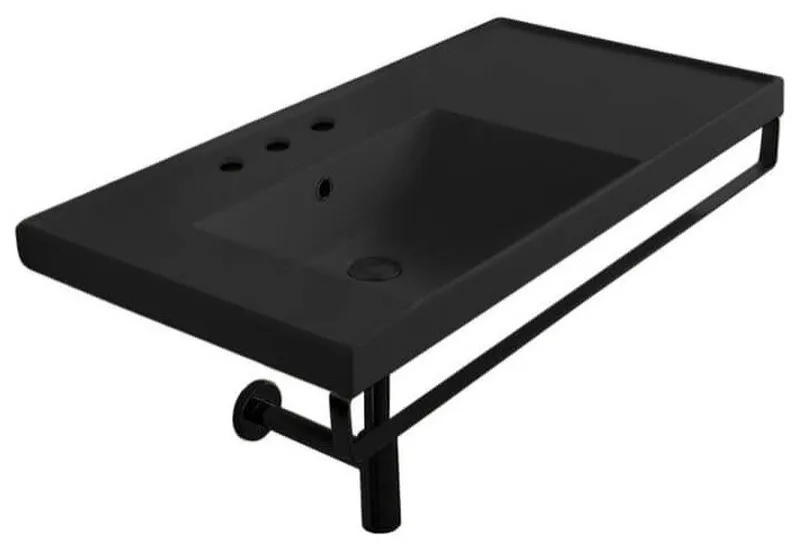 Wall Mounted Matte Black Ceramic Sink With Matte Black Towel Bar, Three Hole