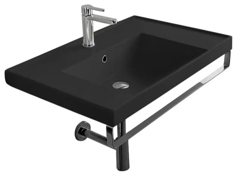 Wall Mounted Matte Black Ceramic Sink With Polished Chrome Towel Bar, One Hole