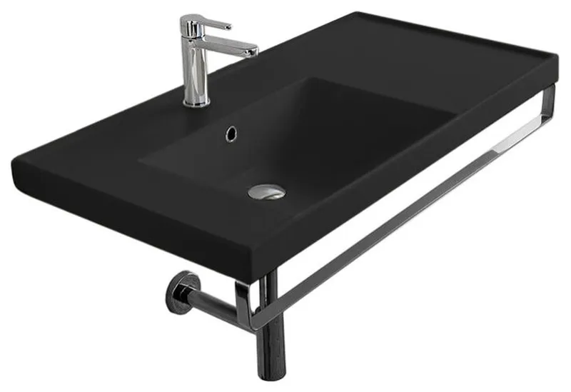 Wall Mounted Matte Black Ceramic Sink With Polished Chrome Towel Bar, One Hole