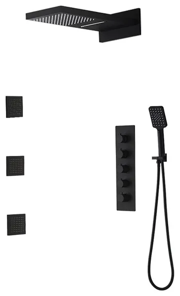 Wall Mounted Waterfall Rain Shower System with 3 Body Sprays in Matte Black, Standard Shower Valve