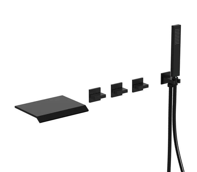 Wall Mounted Waterfall Tub Faucet with Rough-in Valve,with Handheld Shower, Matte Black